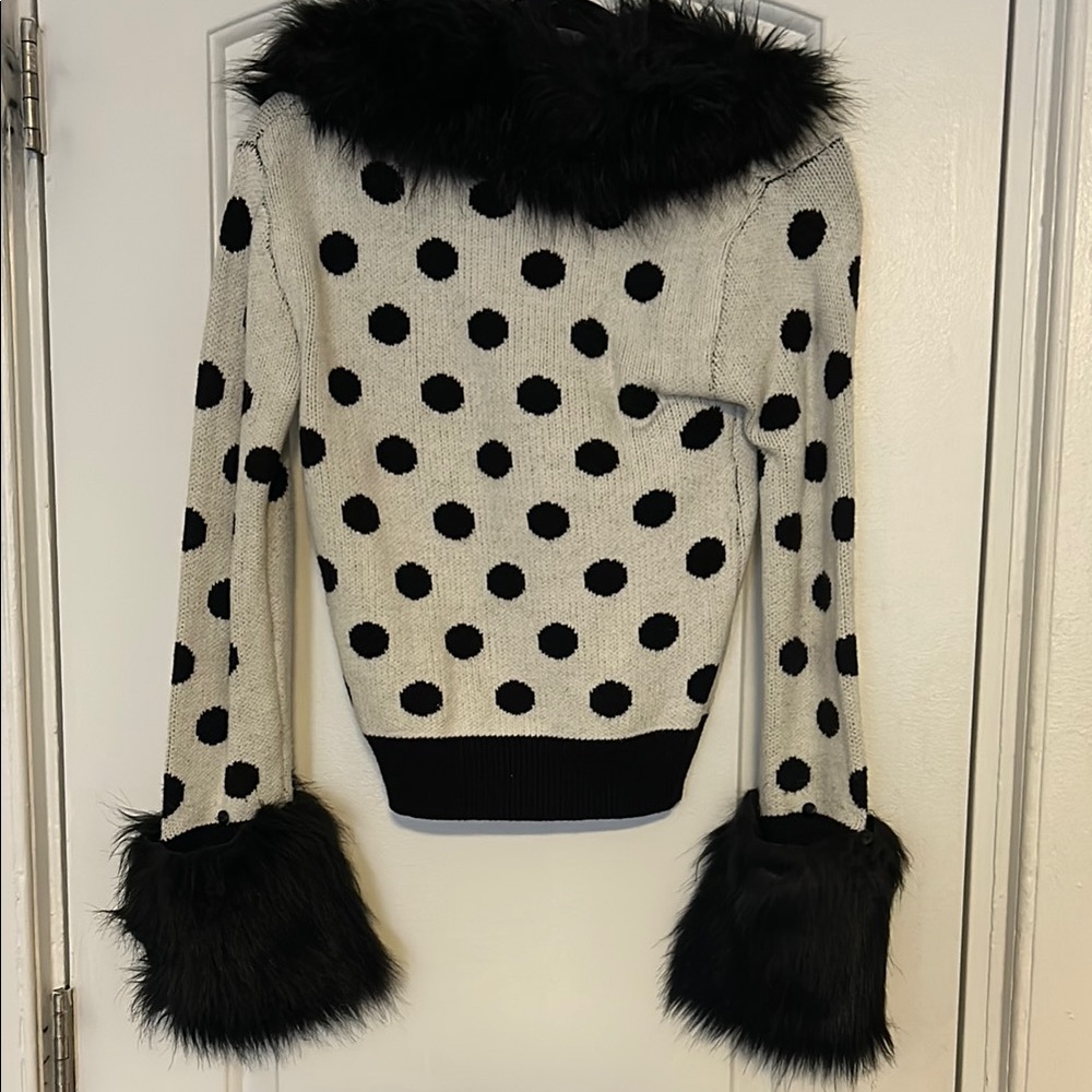 Polka Dot Faux Fur Trim Sweater Cardigan US 6 - Picture 8 of 8